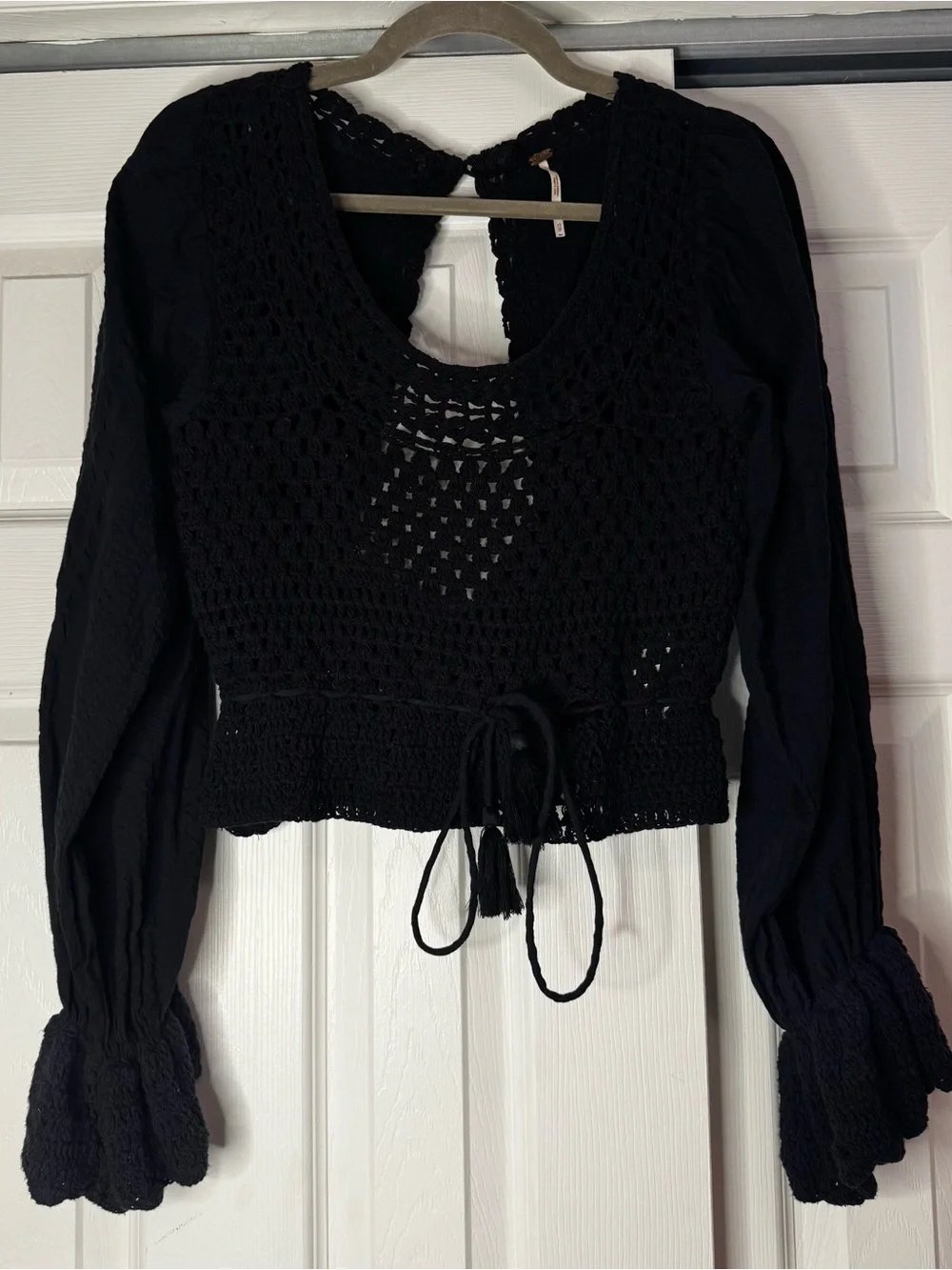 Free People Black Crochet Peplum Long Sleeve Open Back Blouse - Size XS
